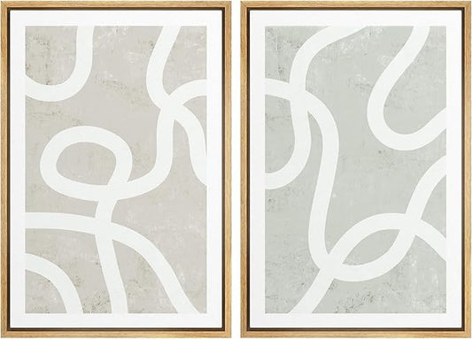 SIGNWIN Framed Canvas Print Wall Art Set Pastel White Swirl Pattern Collage Abstract Shapes Illustrations Modern Art Minimal Boho Calm for Living Room, Bedroom, Office - 24"x36"x2 Natural
