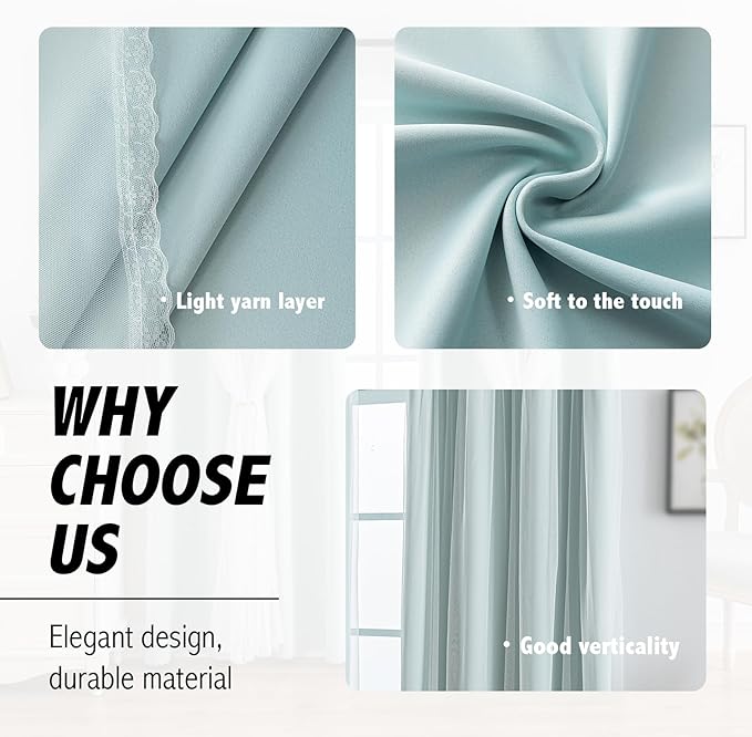 Anytime Home Curtains Blackout and Sheer Layered Solid Window Curtain Panel Pair with Grommet Top, 52Wx84L,Light Blue