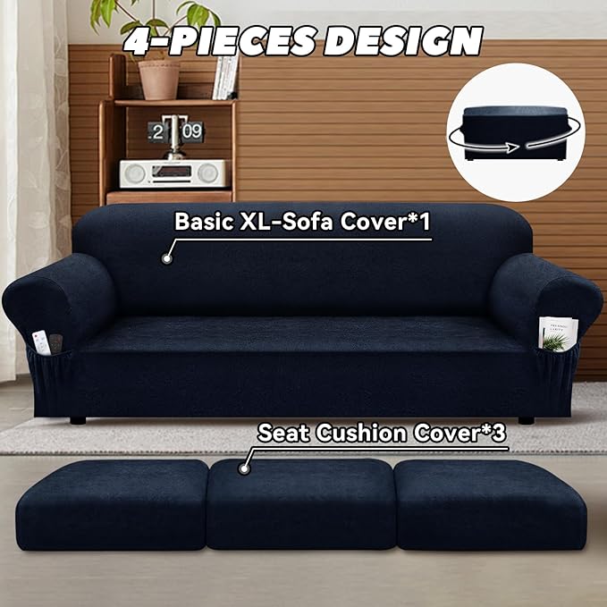Sofa Slipcover with Armrest Pockets 4-Piece Set, Stretch Faux Leather Extra Large Couch Covers for 3-Cushion Couches(Fits 98-112") - Machine Washable, Pet & Kid Friendly - Navy