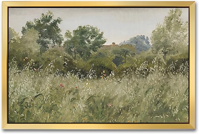 AIMAILON Vintage Gold Canvas Wall Art Framed Decor Retro Rural Scenery Spring Grassland Nature Theme Print Artwork Tranquil Rustic Outskirt Wildflower Landscape Classical Decoration 12x18