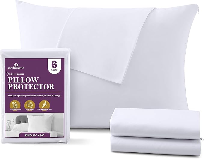 CirclesHome Pillow Protectors 6 Pack King Zippered - 100% Cotton Breathable Pillowcases - Protects Pillows from Dirt, Dust and Debris (King - Set of 6 - 20x36)