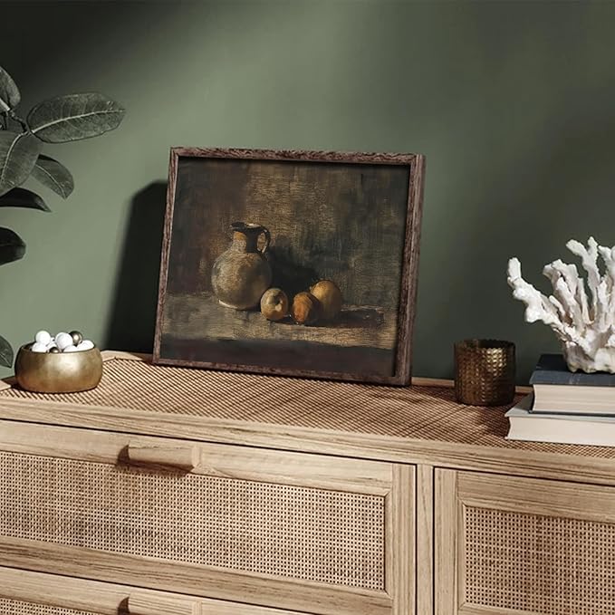 XOCUUI Farmhouse Still Life Picture Living Room - Rustic Vintage Decor for Bedroom - Peach Fruit Dining Room Moody Muted Oil Painting Art Deco Wall Art for Kitchen - 8 x 10 No Frame