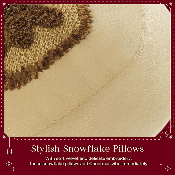 Phantoscope Merry Christmas Snowflake Shaped Throw Pillow, Velvet Xmas Embroidered Snowflake Pillow Decorative Christmas Cushion Pillow for Couch Living Room Bed, Brown, 16 x 16 inches