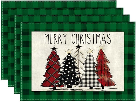 Artoid Mode Waterclor Green Buffalo Plaid Christmas Trees Placemats Set of 4, 12x18 Inch Winter Table Mats for Outdoor Home Party Kitchen Dining Decor
