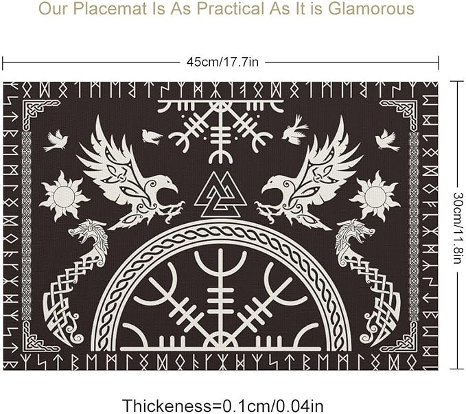 Black Viking Placemat Set of 4, 12x18 Inch Rustic Tree of Life Nordic Mythology Raven Helmet of Awe Dragon Animal Vintage Coffee Table Mats for Outdoor Farmhouse Kitchen Dining Table Decoration