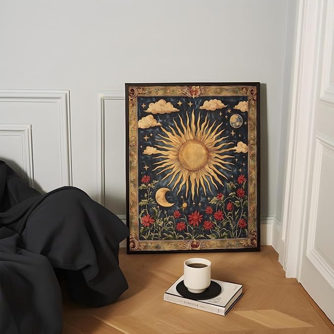 Eeuqiauot Vintage Sun Moon Flowers Wall Art Retro Celestial Floral Wall Decor Gothic Wildflowers Painting Tarot Crescent Picture Moon Star Wildflower Poster for Living Room Bedroom 12x16inch Unframed