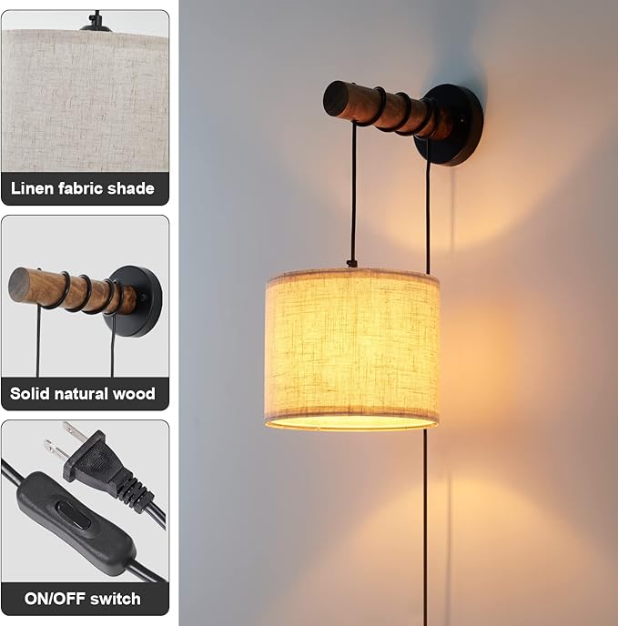 Wall Sconces Set of Two, Plug in Sconces Wall Lighting with Fabric Shade, Farmhouse Wall Lamps with Plug in Cord, Rustic Wall Lights with Wood Arm and On/Off Switch for Bedroom, Living Room