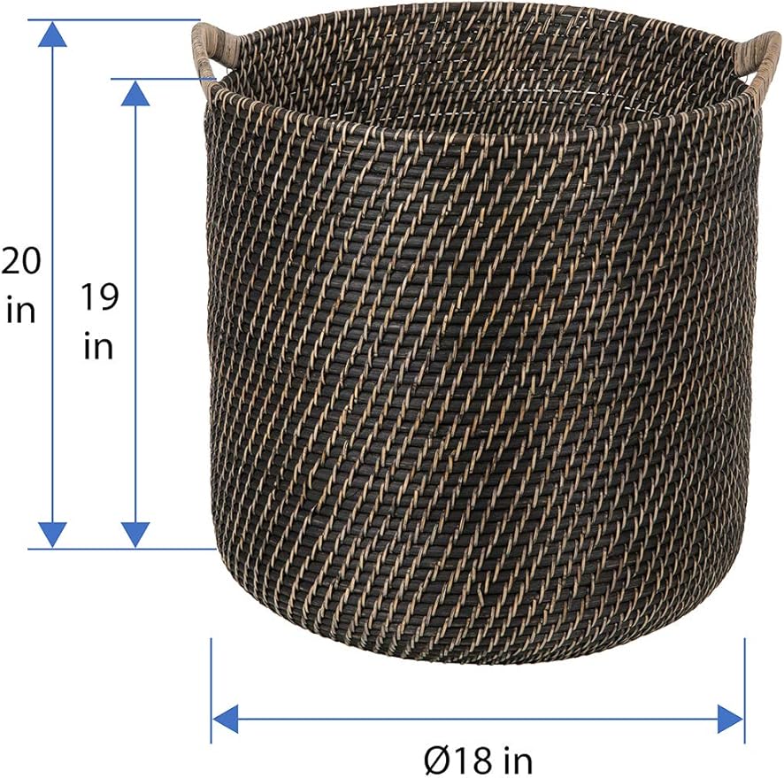 KOUBOO Laguna Round Rattan Storage Basket with Ear Handles, Wicker Basket for Blankets, Laundry Hamper, Indoor Plant Basket, Decorative Home Organizer, Black-Wash, Large
