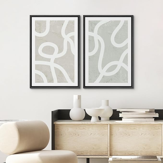 SIGNWIN Framed Canvas Print Wall Art Set Pastel White Swirl Pattern Collage Abstract Shapes Illustrations Modern Art Minimal Boho Relax/Calm for Living Room, Bedroom, Office - 24"x36"x2 Black