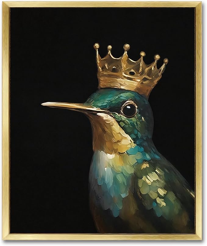 AIMAILON Vintage Gold Canvas Wall Art Framed Decor for Living Room - Hummingbird Birds King Wall Art, Retro Golden Wall Prints of Bird with a Crown, Modern Animal Bird Art Picture Bathroom Decor 10x12