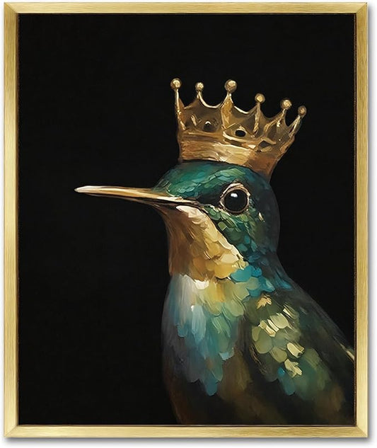 AIMAILON Vintage Gold Canvas Wall Art Framed Decor for Living Room - Hummingbird Birds King Wall Art, Retro Golden Wall Prints of Bird with a Crown, Modern Animal Bird Art Picture Bathroom Decor 10x12