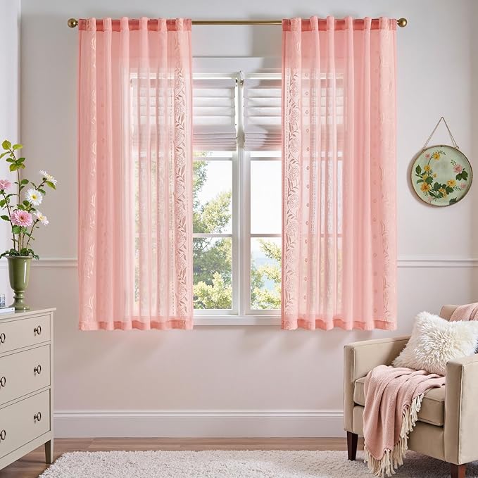 jinchan Winslow Sheer Curtains 63 Inch Length for Dorm Bedroom Bordered Floral Pattern Decorations Short Curtains Light Filtering Window Treatments, 50W x 63L, Beige on Pink, 2 Panels
