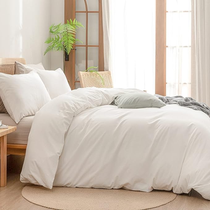 BESTOUCH Duvet Cover Set 100% Washed Cotton Linen Feel Super Soft Comfortable Chic Lightweight 3 PCs Home Bedding Set Solid Off White King
