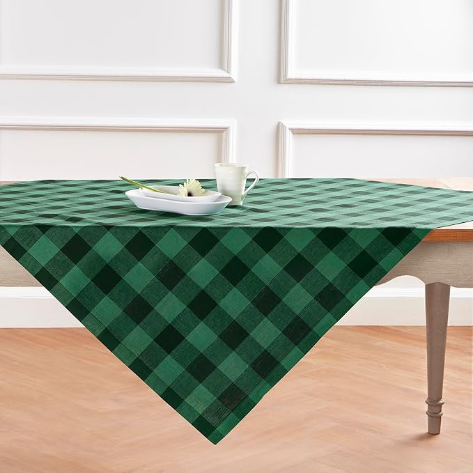 Solino Home Linen Square Tablecloth 52 x 52 Inch - 100% Pure Linen Green and Black Buffalo Check Tablecloth - Machine Washable Table Throw for Christmas, Winter
