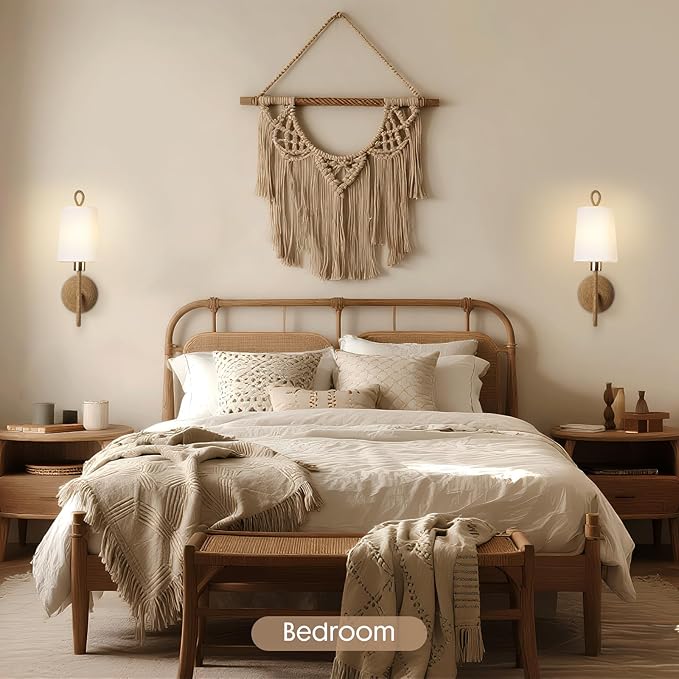 Set of 2 Boho Wall Sconce Lamps – Wireless Cordless LED Wall Lights with Remote, Rechargeable 5000mAh Battery Operated Rattan Gold Light Fixtures for Bedroom, Living Room, Bathroom, or Bedside