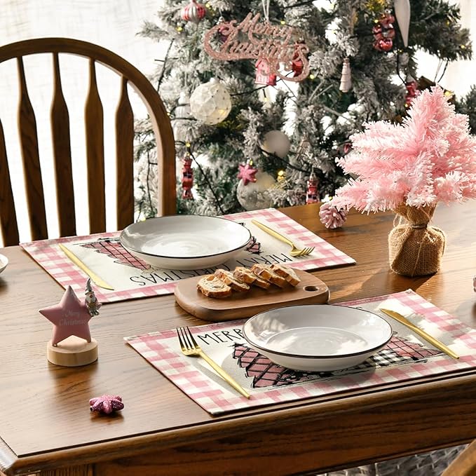 Artoid Mode Waterclor Pink Buffalo Plaid Christmas Trees Placemats Set of 4, 12x18 Inch Winter Table Mats for Outdoor Home Party Kitchen Dining Decor