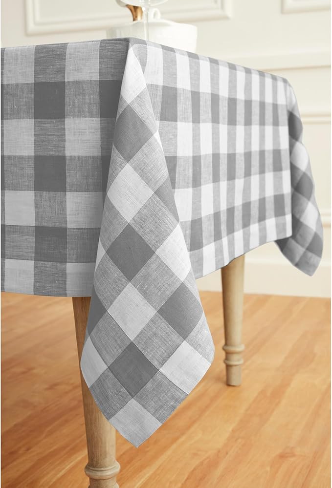 Solino Home Linen Checkered Tablecloth 60 x 108 Inch - 100% Pure Linen Grey and White Buffalo Plaid Table Cloth for Rectangle Tables - Machine Washable Tablecloth for Fall, Thanksgiving, Holiday