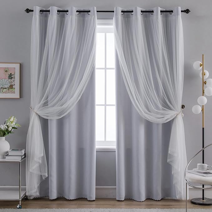 Anytime Home Curtains Blackout and Sheer Layered Solid Window Curtain Panel Pair with Grommet Top, 52Wx84L,Greyish White