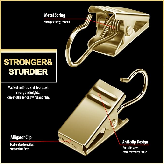 Teenitor 100 Pack Gold Curtain Clips Curtain Hooks, Stainless Steel Small Clips for Hanging Curtains, Outdoor String Lights, Art Craft Display, Gold