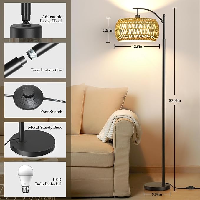 Arc Floor Lamps with Remote Control and Stepless Dimmable Color Temperature and Brightness Rattan Floor Lamps with Rattan and Cloth Dual Lampshade Standing Lamp for Living Room Bedroom, Black