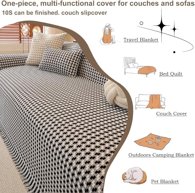 ROOMLIFE Thicked Checkered Boho Black Couch Cover for 2-3 Cushion Sofa, Chenille Sofa Slipcovers Sectional Sofas Covers for Dog, Non Slip Washable Furniture Protector Soft with Tassel 71''X118''