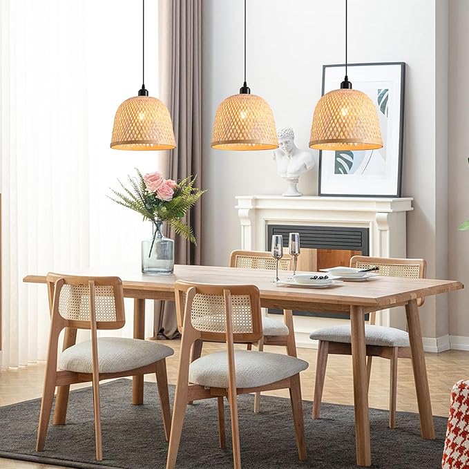 Bamboo Pendant Light 11.02" Hand Woven Bamboo Chandelier,3-Pack Rattan Ceiling Hanging Light,for Living Room Kitchen Dining Room Farmhouse