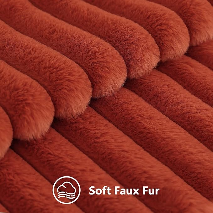decorUhome Faux Fur Thanksgiving Day Throw Pillow Covers 12x20 Set of 2, Decorative Soft Plush Striped Neutral Couch Euro Pillow Covers with Velvet Back for Sofa, Bed, Living Room Home Decor, Rust