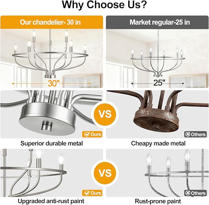 30" Brushed Nickel Chandelier, 9-Light Industrial Chandelier for Dining Room Lighting Fixtures Hanging, Pendant Lights for Kitchen Island, Kitchen Island, Bedroom and Entryway (Bulbs Not Included)