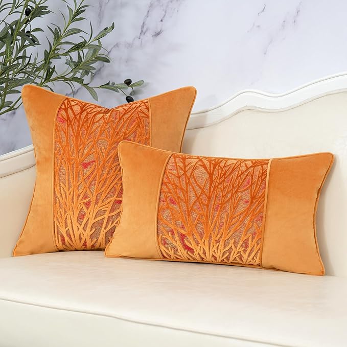 Yangest Orange Yellow Twigs Throw Pillow Cover Velvet Branches Velvet Cushion Case Neutral Pillowcase for Sofa Couch Bedroom Living Room Home Decor,18x18 Inch