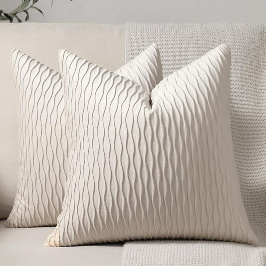 Ivory White Couch Pillow Covers: 2 Pack 20x20 Inch Original Striped Velvet Square Throw Pillow Cases for Farmhouse Home Decor