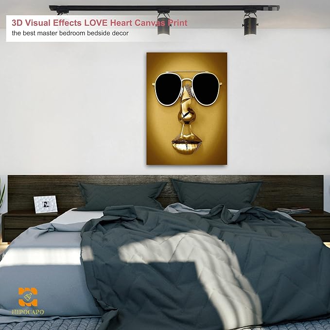 3D Metal Effect Wall Art - 3D Wall Art Decor Artwork Wear Sunglasses Golden Figure Statue Modern Art Canvas Painting, Large Wall Art for Bedroom Dercorations Framed 28”x40”x1Pcs