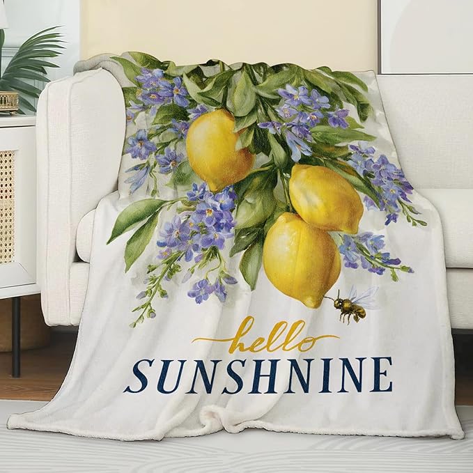 Lemon Blanket,Inspirational Gifts for Girls Women,Soft Lightweight Flannel Throw Blankets,Yellow Fruit Floral and Bee Throws Summer Home Decor,for Camping Living Room Office,60x50inch
