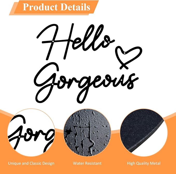 Hello Gorgeous Metal Wall Art Decor Black Modern Hello Gorgeous Signs Farmhouse Metal Wall Art Hanging Decoration for Home Bathroom Living Room Bedroom Office Hotel Wall Decoration (Black)