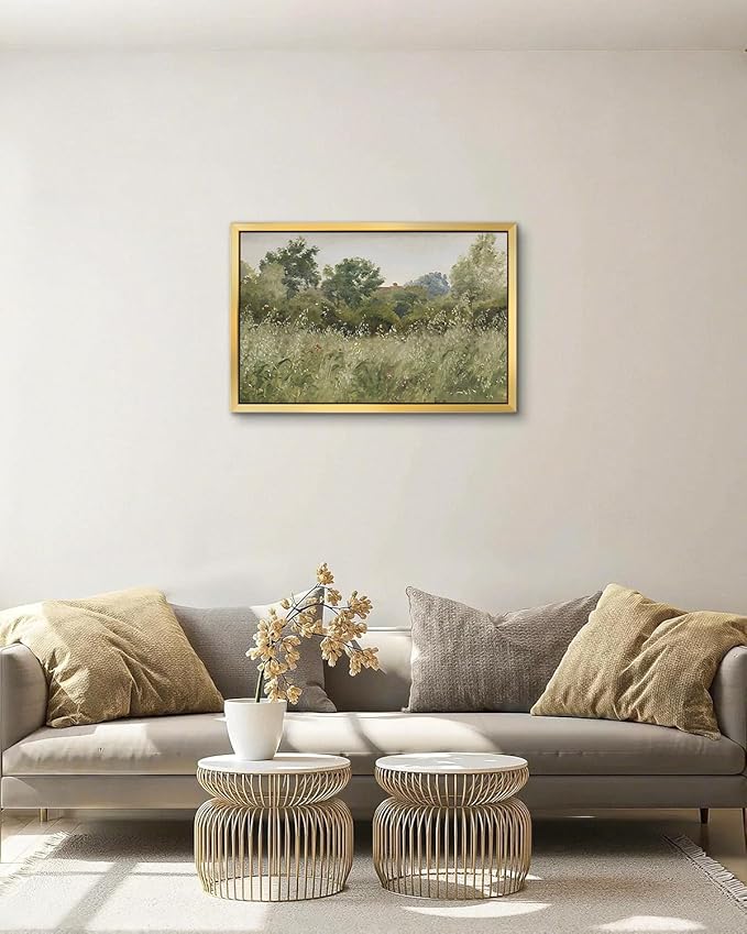 AIMAILON Vintage Gold Canvas Wall Art Framed Decor Retro Rural Scenery Spring Grassland Nature Theme Print Artwork Tranquil Rustic Outskirt Wildflower Landscape Classical Decoration 12x18