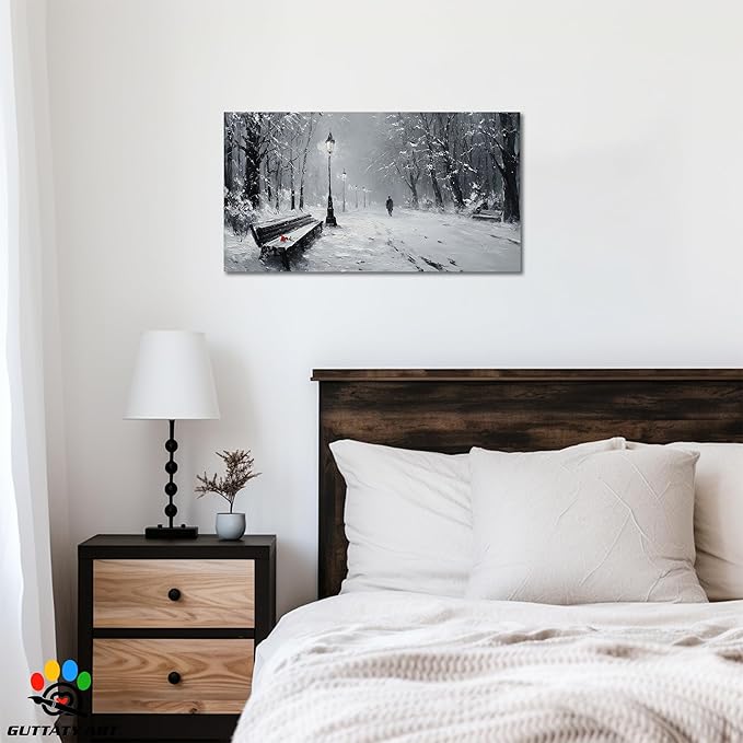 GUTTATY Christmas Winter Scene Canvas Wall Art, Snowy Park Pictures Print, Monochrome Wall Decor with Bench and Lamp, Fine Canvas Artwork for Living Room, Bedroom, Office, Holiday Gift, 16x8 Inch