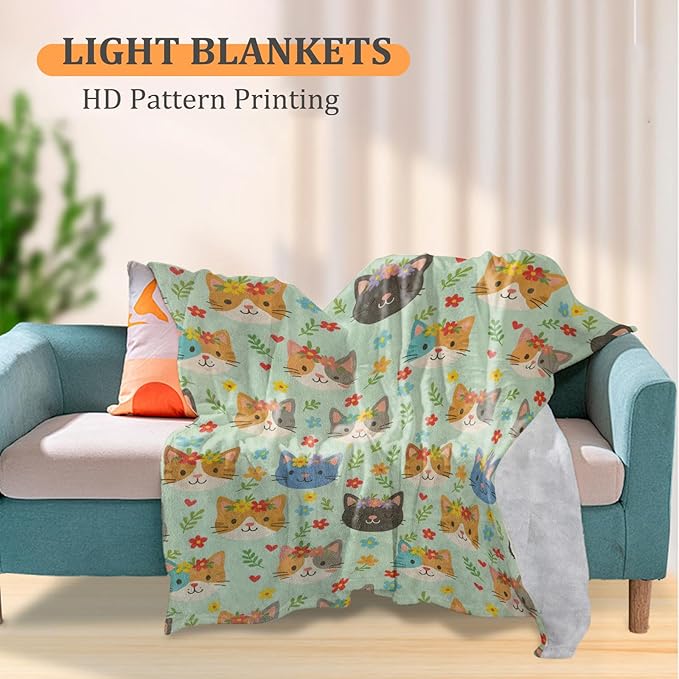 Charming Cat Blanket, Cute Kitten and Colorful Floral 80 x 60 Inch Flannel Throw Blanket, Gifts for Women Kids, Lightweight Cozy Warm Blankets for Sofa Travel Home Decor