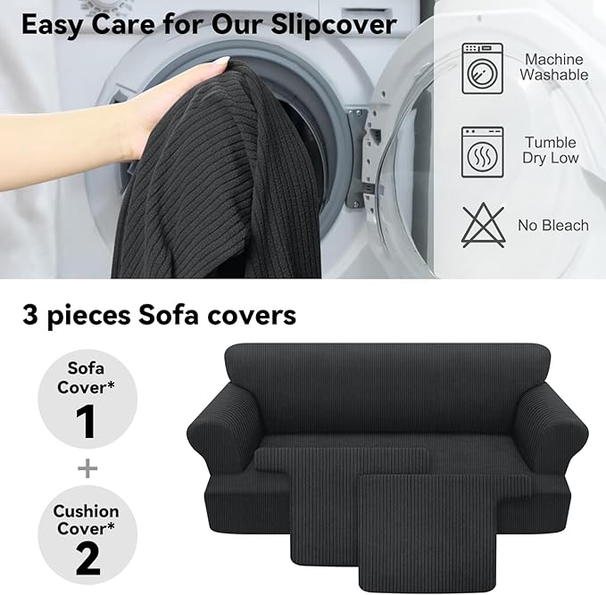 Waterproof Couch Cover 3-Piece Set Striped Sofa Slipcovers for 2 Separate T Cushion Couch - TPU Fabric Sofa Covers Leakproof Couch Protector for Kids, Pets(2 Cushion Sofa, Dark Gray)