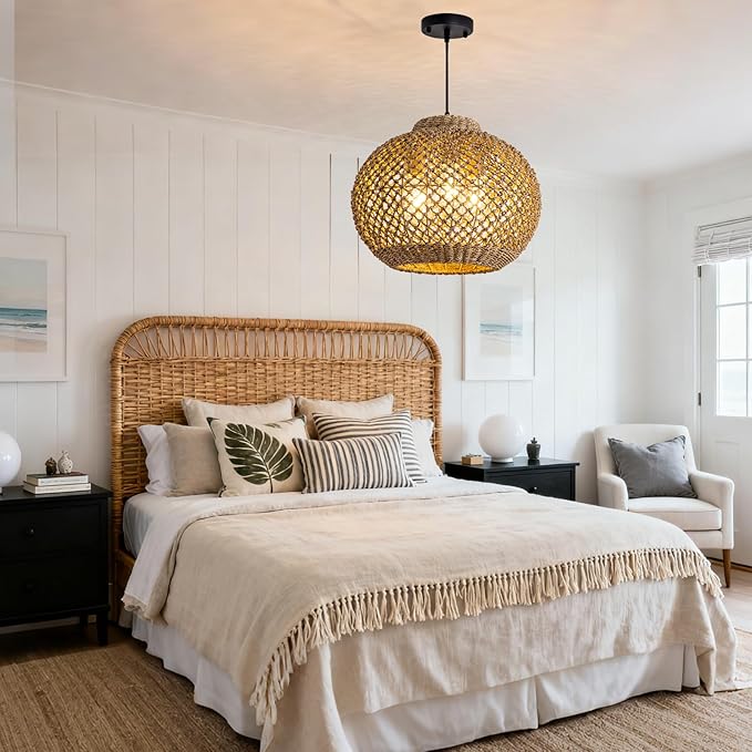 17IN Rustic Farmhouse Pendant Lights, 3-Lights Boho Rattan Hand-Woven Hanging Light Fixture, Natural Seagrass Weaving Ceiling Chandelier for Kitchen Island Entry Living Room Dining Room Bedroom