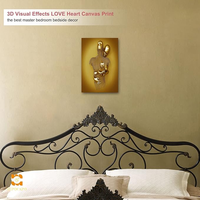 HIPOCAPO 3D Wall Art- Love Heart Metal Canvas Art, Gold Modern Abstract Hug Lovers Painting Picture Poster Prints for Bathroom, Romantic Couple Living Room Art Framed 12''x18''x1Pcs 3d Art-13
