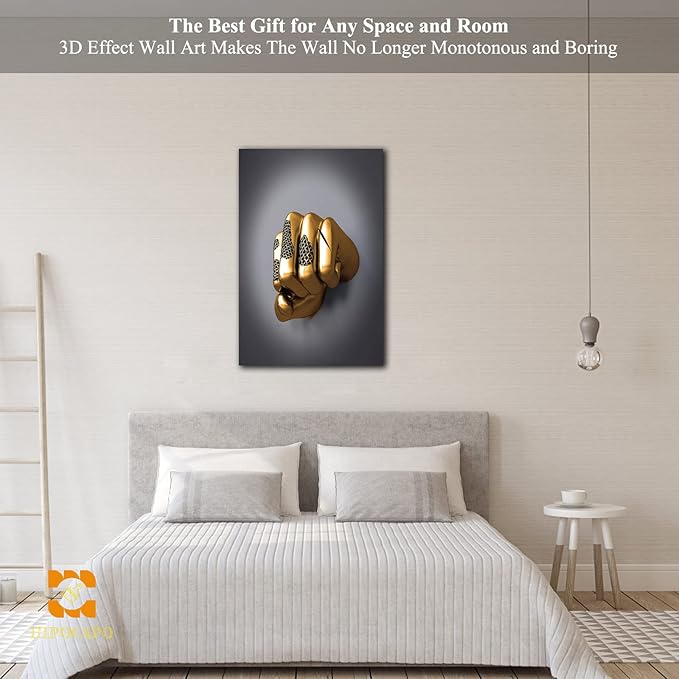 3D Wall Art - Abstract 3D Metal Effect Canvas Wall Art, 3D Modern Large Wall Art for Office, Golden Boxer Gesture 3D Art Wall Decor for Modern Bedroom Decor Framed 18”x24”x1Pcs