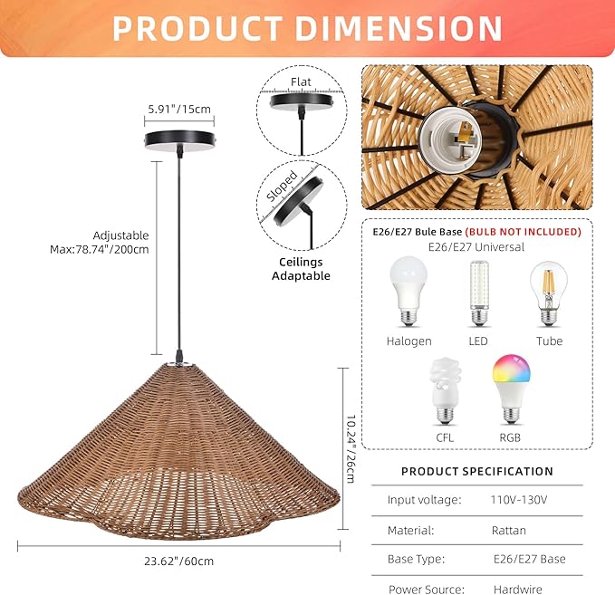 Arturesthome 1 Light Boho Rattan Pendant Light Fixture 23.6" Coastal Retro Woven Ceiling Chandelier Hanging Lamp for Farmhouse Living Dining Room Coffee