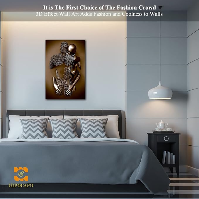 3D Metal Effect Wall Art - 3D Metal Art Wall, Modern Abstract Hug Lovers Painting Picture Poster Prints for Bathroom, Romantic Couple Living Room Canvas Wall Art Framed 12”x18”x1Pcs