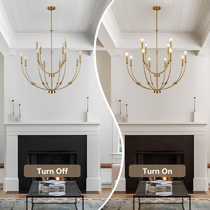 Modern Gold Chandelier, 12- Light Large Chandelier for High Ceilings, 35 inch 2-Tier Candle Style Rustic Hanging Light Fixture for Living Room Foyer Entryway