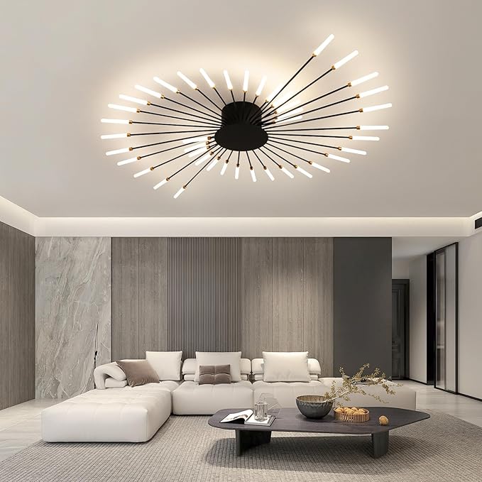 JAYMP Ceiling Light Modern Flower Shape Ceiling Lamp for Living Room Dining Room Flush Mount Metal Acrylic Sputnik Firework Petal LED Lighting Fixture (Matte Black, 42 Lights)