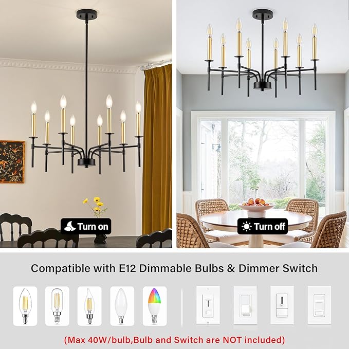 Modern Dining Room Light Fixture 8-Light, Black and Gold Farmhouse Chandelier, Metal Candle Chandeliers for Dining Room, Kitchen, Living Room, Bedroom, Foyer, Staircase, Entryway