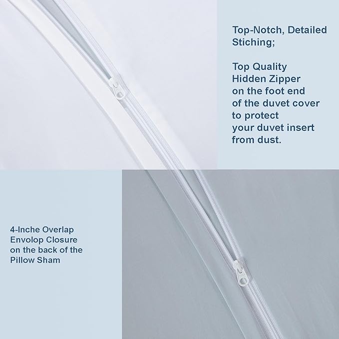 THE COTTON & SILK®️ 100% Luxury Long-Staple Cotton Duvet Cover Set - Soft & Breathable - Include 1 Duvet Cover with Corner Ties & Hidden Zipper, 2 Pillow Shams - Misty Blue, Queen Size