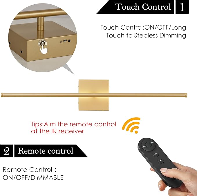 Battery Operated Wall Sconces with Remote Control, Dimmable Wall Sconces Set of Two, 350°Rotate, 3000K LED Gold Wireless Wall Light for Living Room, Hallway, Bedroom, 24.4 Inch (2 Pack)
