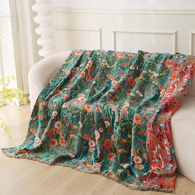 Boho Throw Blanket for Bed 100% Cotton Ultra Soft Rustic Quilt Floral Printed Farmhouse Decor Fall Bed Blankets,90"×98" All Season Rustic Large Throw for Sofa Couch Chair