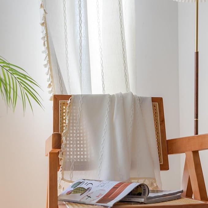 Sutuo Home White Boho Curtains for Bedroom Living Room Nursery, Bohemian 1 Panel 120 inches Long Patio Christmas Decor, Vintage Country Linen Striped Farmhouse Window Treatment, 52" W x 120" L
