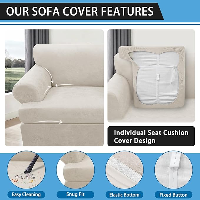 3-Pieces T Cushion Loveseat Slipcovers Leather Look Couch Cover Loveseat Covers for 2 Cushion Couch Furniture Protector Stretch Sofa Cover with 2 Individual T Cushion Seat Covers, Beige